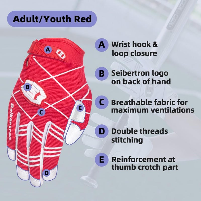 Seibertron B-A-R PRO 2.0 Signature Baseball/Softball Batting Gloves Super Grip Finger Fit for Adult Red L - Image 2